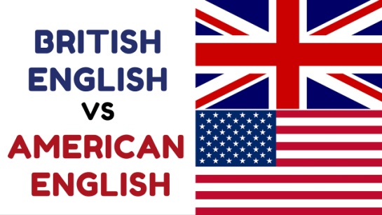 Po lewej napis British English vs American English. w prawnym górnym rogu flaga brytyjska, na dole flaga amerykańska