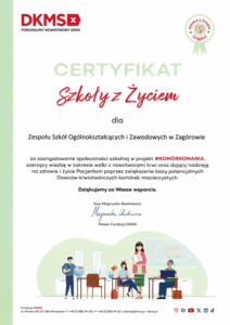 Certyfiakt informujący o otrzymaniu przez szkołę Certyfikatu Szkoły z życiem