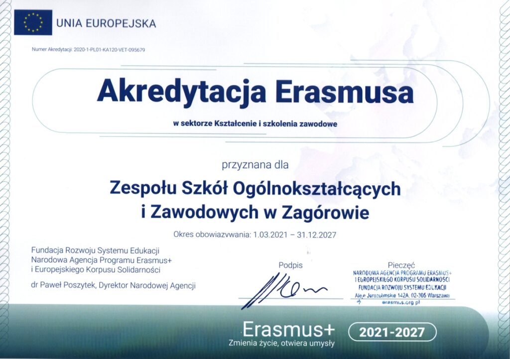 Certyfikat akredytacji Eraskusa wydanego przez Erasmus+ dla ZSOiZ w Zagórowie