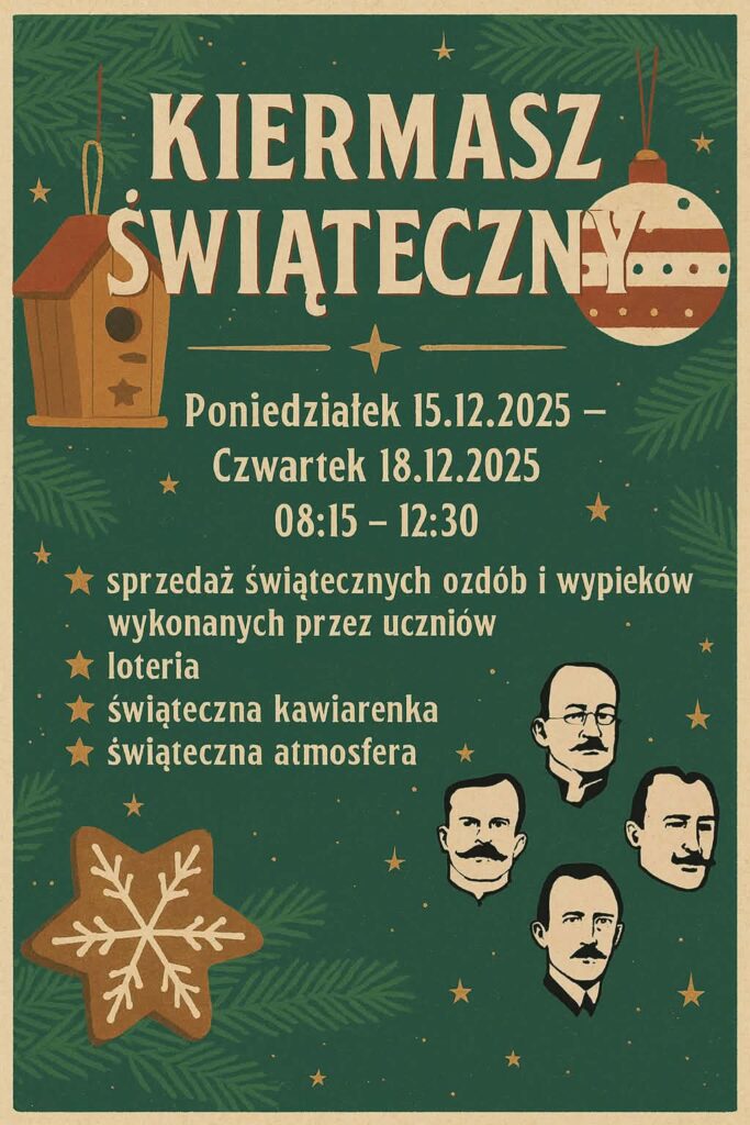 Kiermasz świąteczny odbywający się od 15 do 18 grudnia 2025 r. z sprzedażą ozdób i wypieków uczniów, loterią, świąteczną kawiarnią i atmosferą.