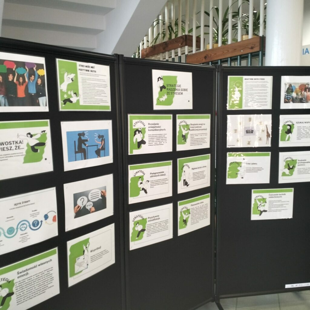 Tablica informacyjna z poradami i strategiami radzenia sobie ze stresem, zawierająca teksty i ilustracje edukacyjne.