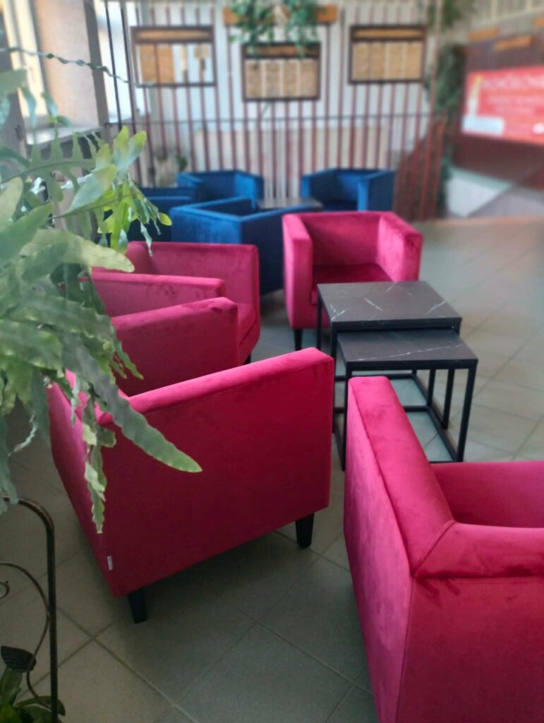 Wnętrze z różowymi i granatowymi wygodnymi fotelami oraz dwoma cienkimi czarnymi stolikami o marmurowym blacie.