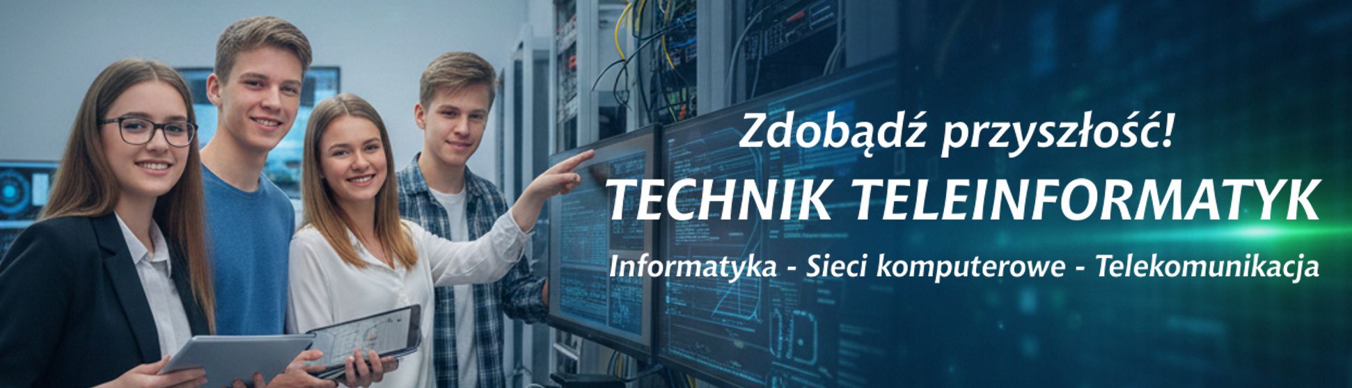 Uczniowie ustawieni w rządzie trzymający tablety i wskazujący na urządzenia teleinformatyczne w tle reklamują technika teleinformayka
