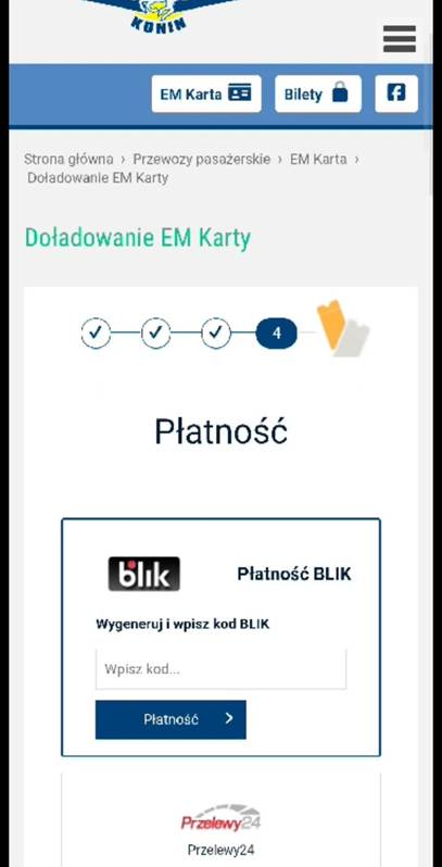 Zdjęcie strony internetowej pks konin na komputerze pokazna jest płatność blik za em kartę