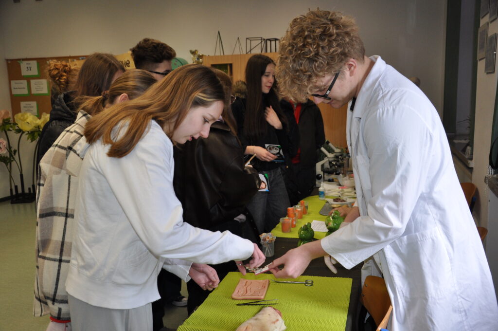 Grupa młodych osób w laboranckich kitlach ćwiczy na modelu anatomicznym z narzędziami medycznymi na stole.