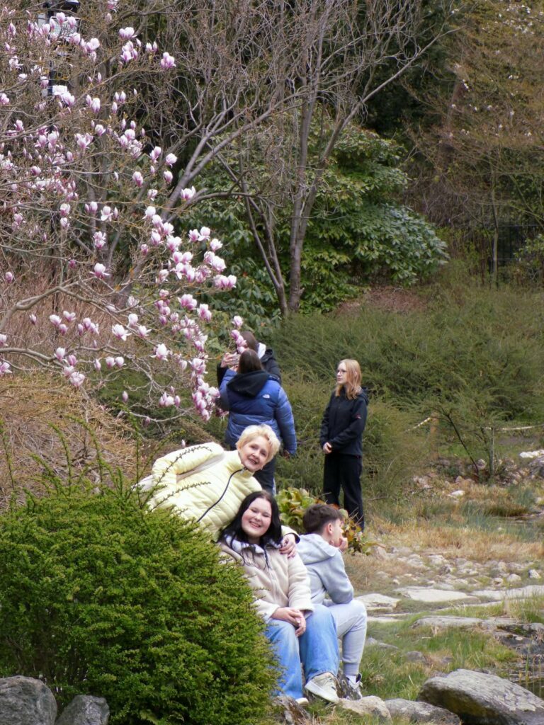 Trzy osoby wypoczywają przy kwitnącym drzewie magnolii w parku, a w tle widać dwie rozmawiające kobiety.